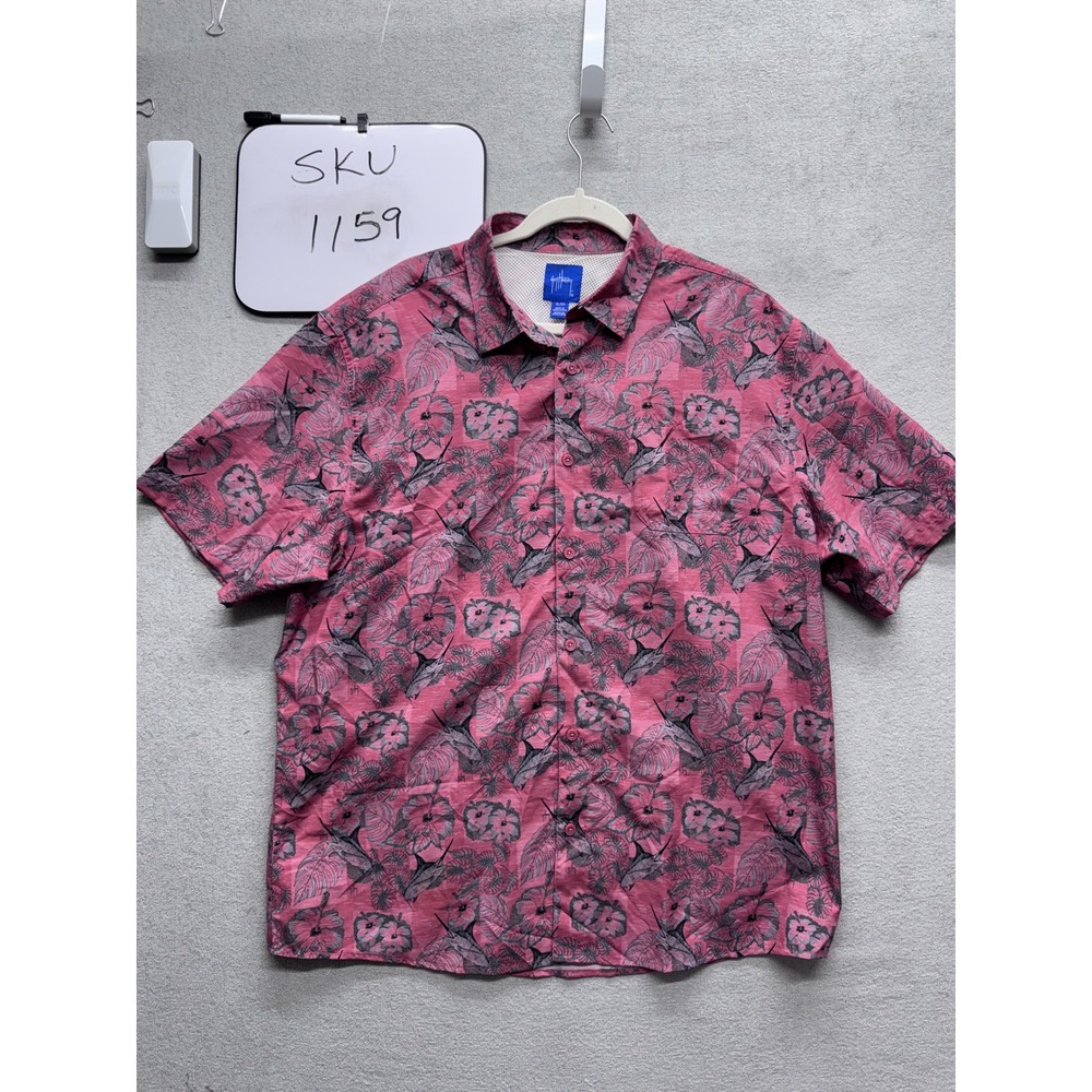 Guy Harvey Shirt Mens XL Pink Tropical Marlin Hibiscus GHV56052 Fishing Vented